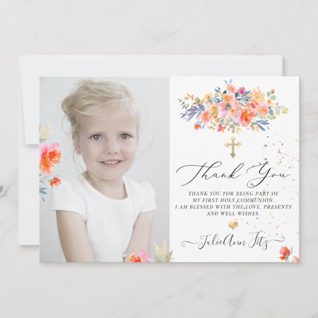 PixDezines Watercolor Roses Communion Thank You Invitation (Front)