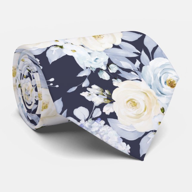 PixDezines Watercolor Roses Ice Blue Cream Neck Ti Tie (Rolled)