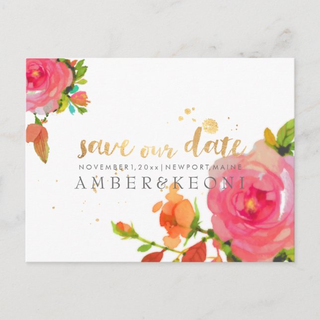 PixDezines Watercolor Roses/save the date Announcement Postcard (Front)