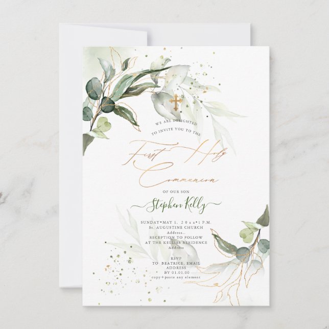 PixDezines Watercolor Rustic Eucalyptus Communion Invitation (Front)