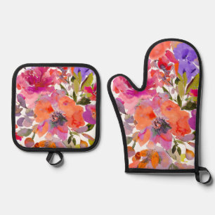 PixDezines Watercolor Summer Floral Oven Mitt & Pot Holder Set