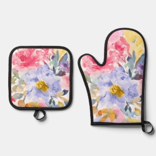 PixDezines Watercolor Summer Garden Roses Oven Mitt & Pot Holder Set