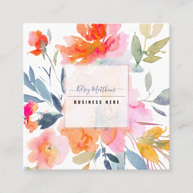 PixDezines Watercolor Summer Garden Roses Square Business Card (Front)