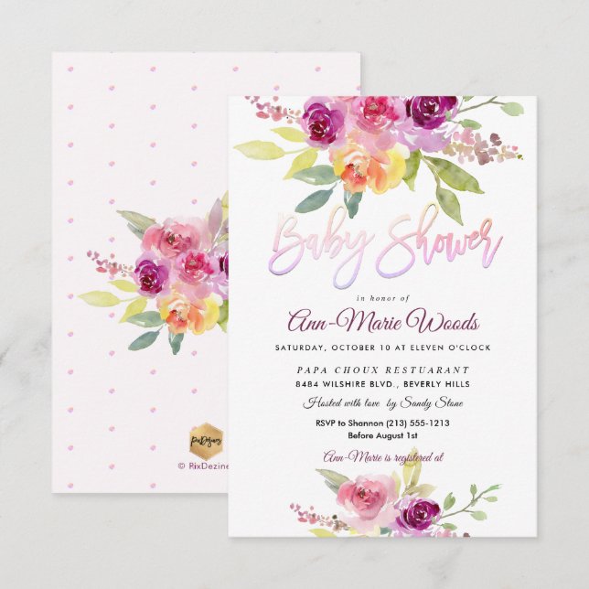 PixDezines Watercolor Summer Roses Baby Shower Invitation (Front/Back)