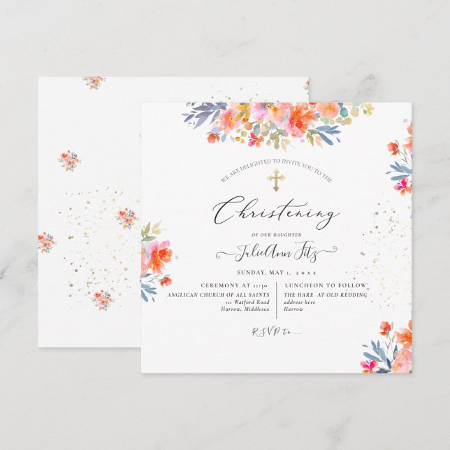 PixDezines Watercolor Summer Roses Christening Invitation (Front/Back)