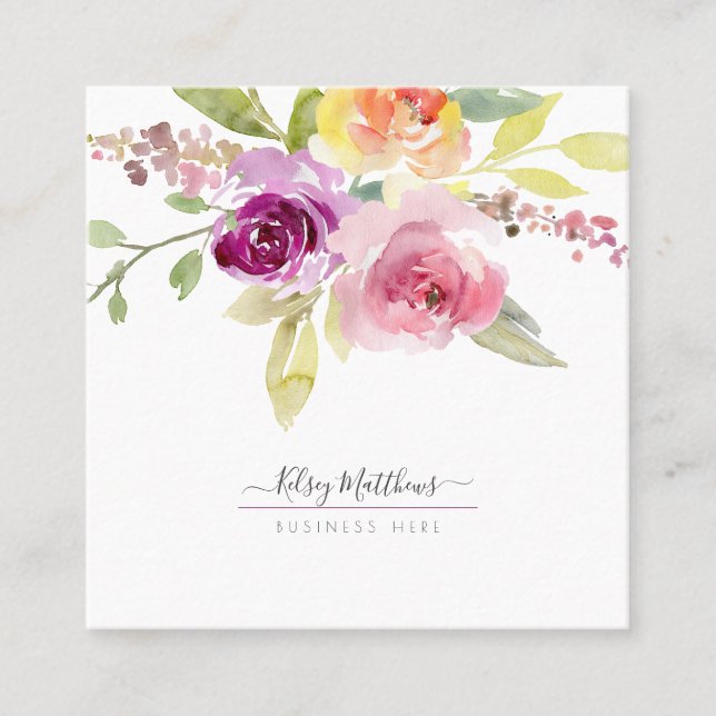 PixDezines Watercolor Summer Roses, Plum Square Business Card (Front)