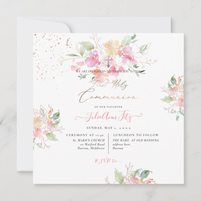 PixDezines Watercolor Sweetpeas Holy Communion Invitation (Front)