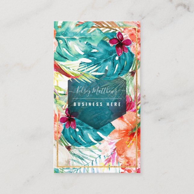 PixDezines Watercolor Tropical Flowers Foliage Business Card (Front)
