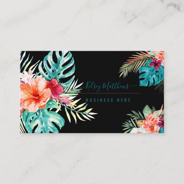 PixDezines Watercolor Tropical Flowers Foliage Business Card (Front)