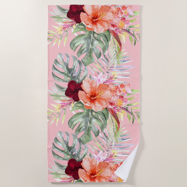 PixDezines Watercolor Tropical Paradise Flowers Beach Towel (Front)