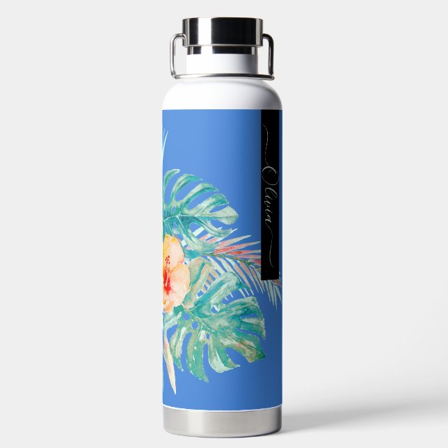 PixDezines Watercolor Tropical Paradise Flowers Water Bottle (Back)