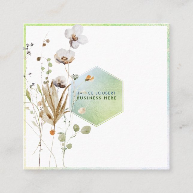 PixDezines Watercolor Wild Flowers Honeycomb Squar Square Business Card (Front)