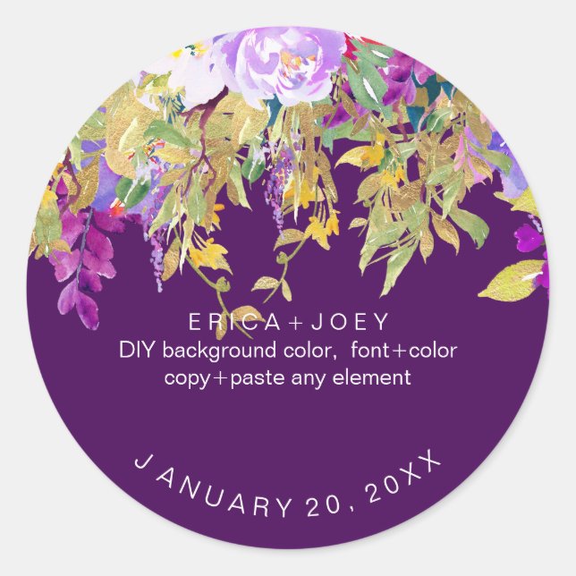 PixDezines Watercolor Wisteria+Peonies Classic Round Sticker (Front)