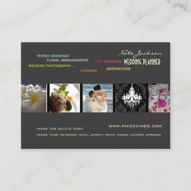 PixDezines wedding planners/diy colours+fonts Business Card (Front)
