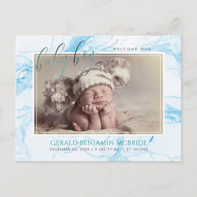 PixDezines Welcome Baby Boy, Faux Foil+Marble Announcement Postcard (Front)