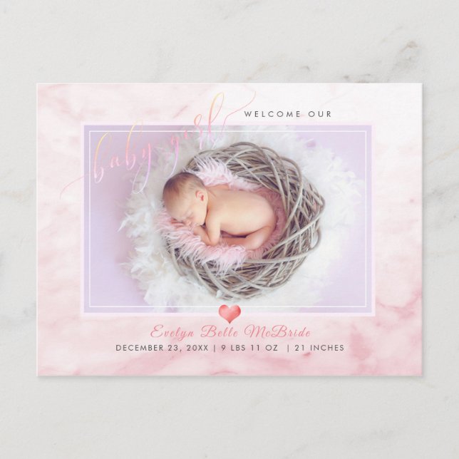 PixDezines Welcome Baby Girl, Faux Foil Script Announcement Postcard (Front)