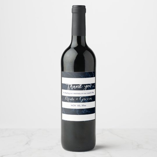 PixDezines White/Blue Marble Stripes Wine Label