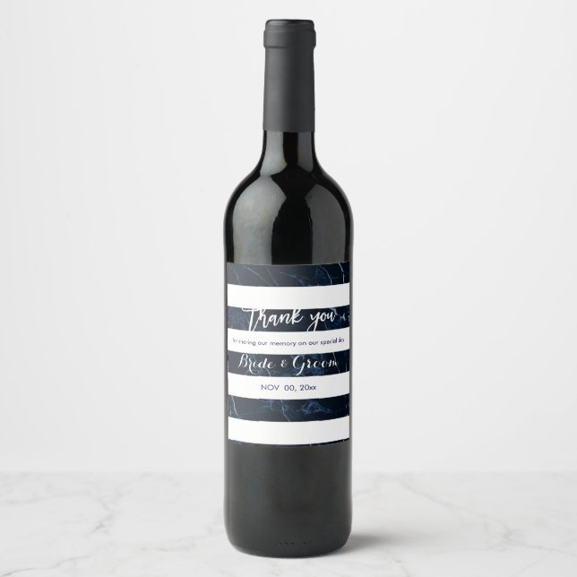 PixDezines White/Blue Marble Stripes Wine Label (Front)