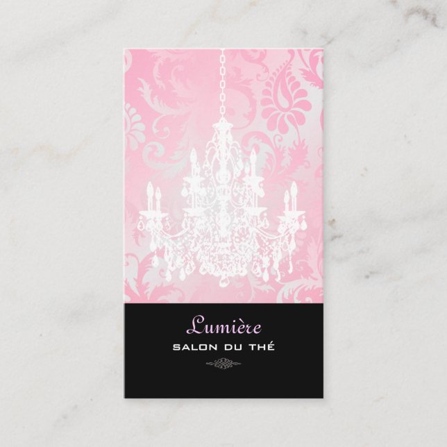 PixDezines White Chandelier+Pink Damask Business Card (Front)