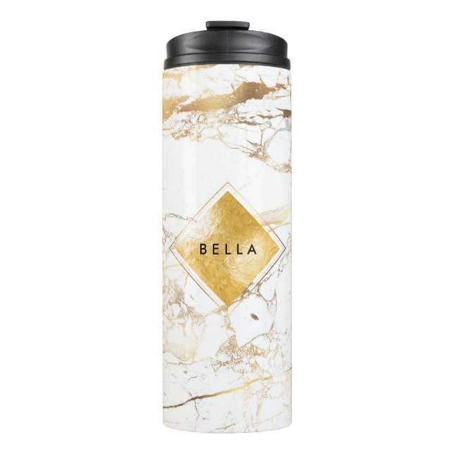 PixDezines WHITE MARBLE FAUX GOLD VEINS Thermal Tumbler (Front)