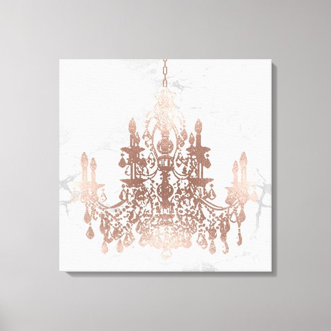 PixDezines White Marble Faux Rose Gold Chandelier Canvas Print (Front)