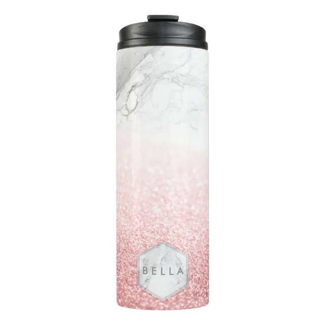 PixDezines WHITE MARBLE+FAUX ROSE GOLD GLITTERS Thermal Tumbler (Front)