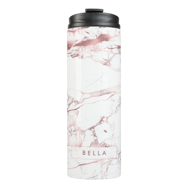 PixDezines WHITE MARBLE FAUX ROSE GOLD VEINS Thermal Tumbler (Front)