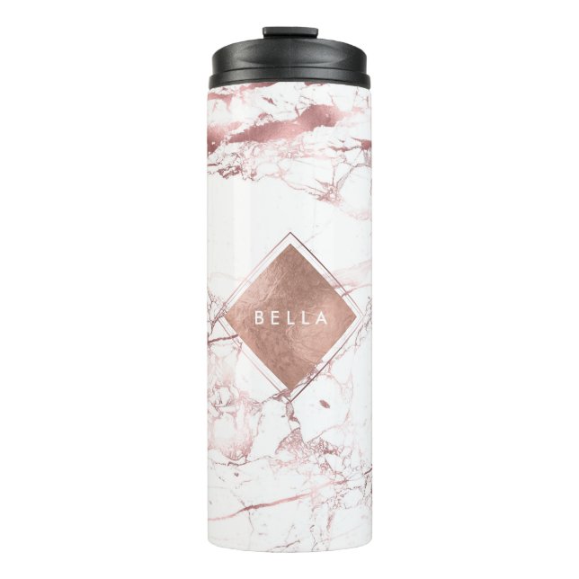PixDezines WHITE MARBLE FAUX ROSE GOLD VEINS Thermal Tumbler (Front)