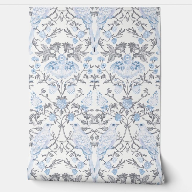 PixDezines William Morris Blue Strawberry Thief Wallpaper (Unrolling)