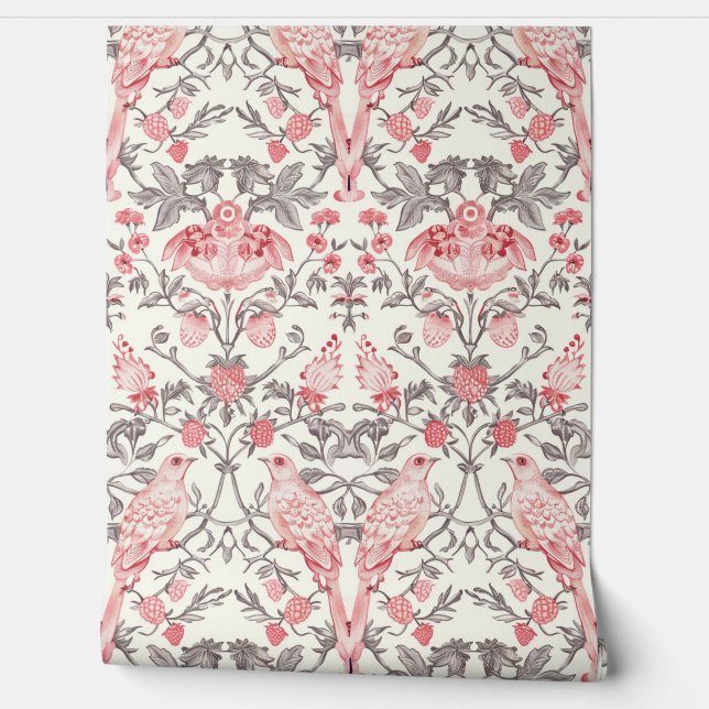 PixDezines William Morris Pink Strawberry Thief Wallpaper (Unrolling)