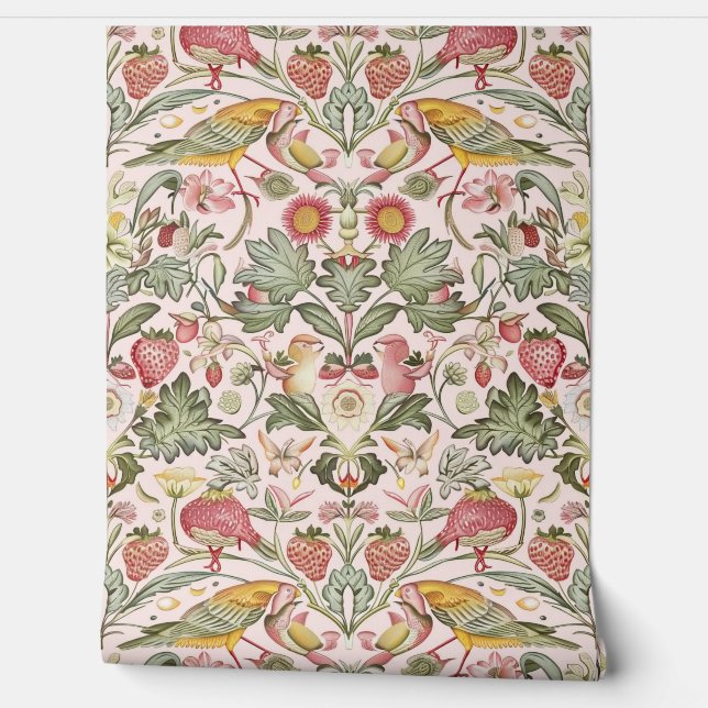 PixDezines William Morris Pink Strawberry Thief Wallpaper (Unrolling)