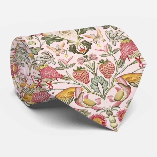 PixDezines William Morris Strawberry Thief Pink Tie (Rolled)