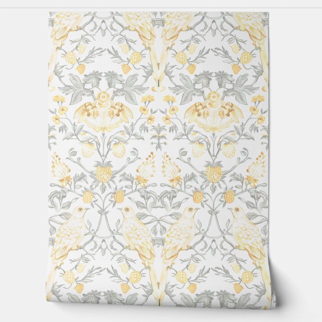 PixDezines William Morris Yellow Strawberry Thief Wallpaper (Unrolling)