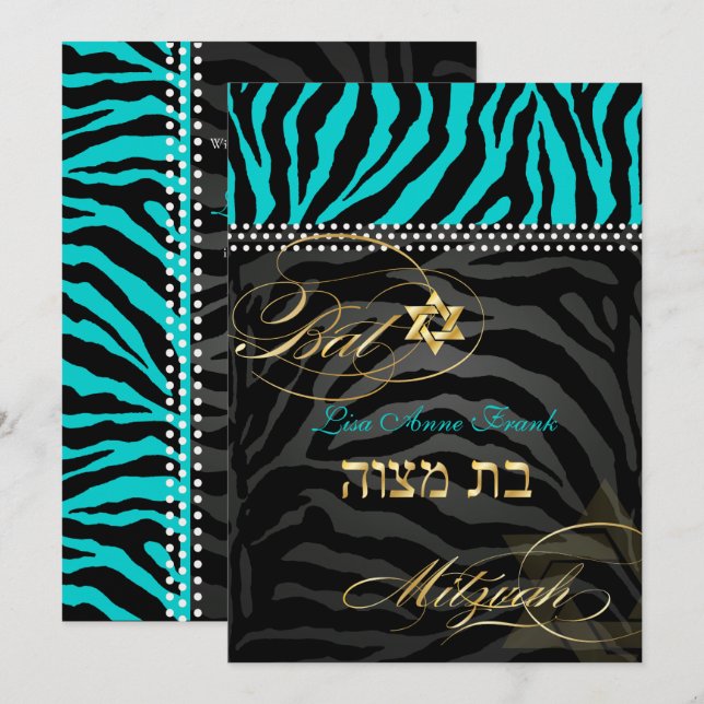 PixDezines Zebra Bat Mitzvah/DIY Colour Aqua Invitation (Front/Back)
