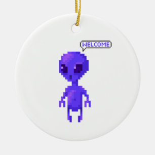 Pixel Alien Welcome Gaming Ceramic Tree Decoration
