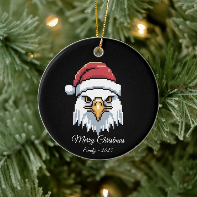 Pixel Art Bald Eagle Santa Hat Ceramic Tree Decoration (Tree)