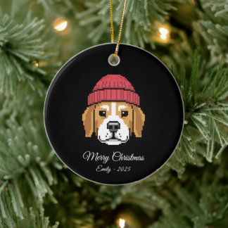 Pixel Art Beagle Dog Winter Hat Ceramic Tree Decoration