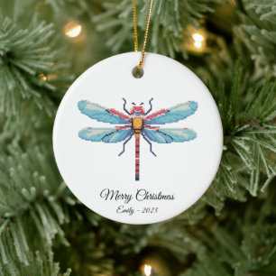 Pixel Art Blue Dragonfly Insect Art Christmas Gift Ceramic Tree Decoration