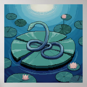 Pixel Art Blue Snake on Lily Pad Poster