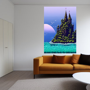Pixel art, Castle on a rock and ocean   AI Art  Poster