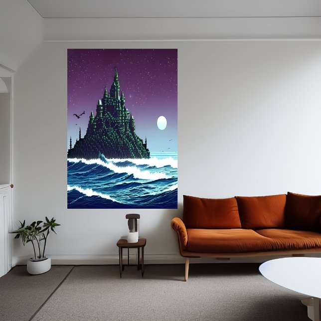 Pixel art, Castle on rock in the ocean | AI Art  Poster (Creator Uploaded)
