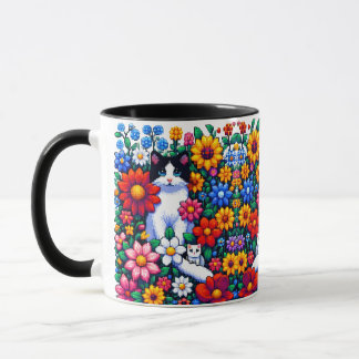 Pixel Art Cat, Kitten and Flowers  Mug