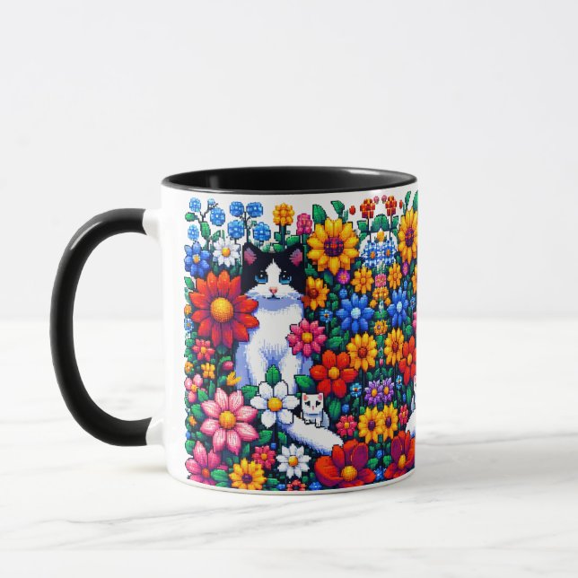 Pixel Art Cat, Kitten and Flowers  Mug (Left)
