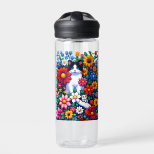 Pixel Art Cat, Kitten and Flowers Personalised Water Bottle