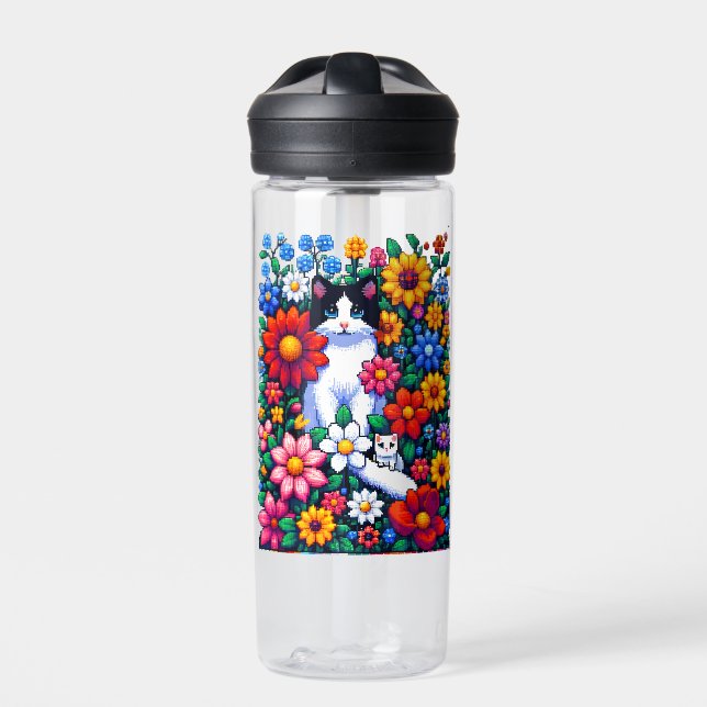 Pixel Art Cat, Kitten and Flowers Personalised Water Bottle (Front)