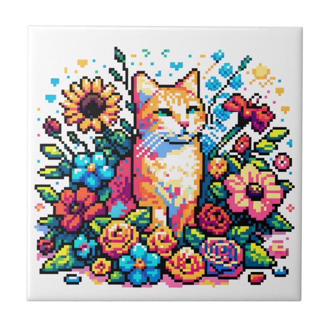 Pixel Art | Cat Sitting in Flowers   Tile (Front)