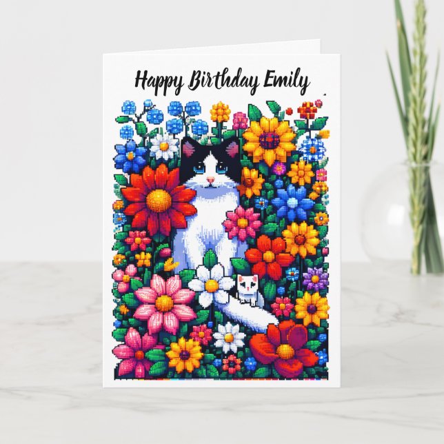 Pixel Art Cats and Flowers Personalised Birthday Card (Front)