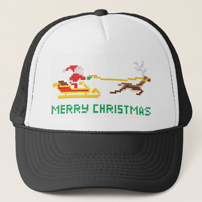 Pixel art Christmas Santa and Sled Trucker Hat (Front)