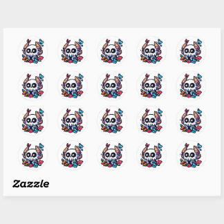 Pixel Art, Cute Horned Skull Enjoy The Butterflies Classic Round Sticker
