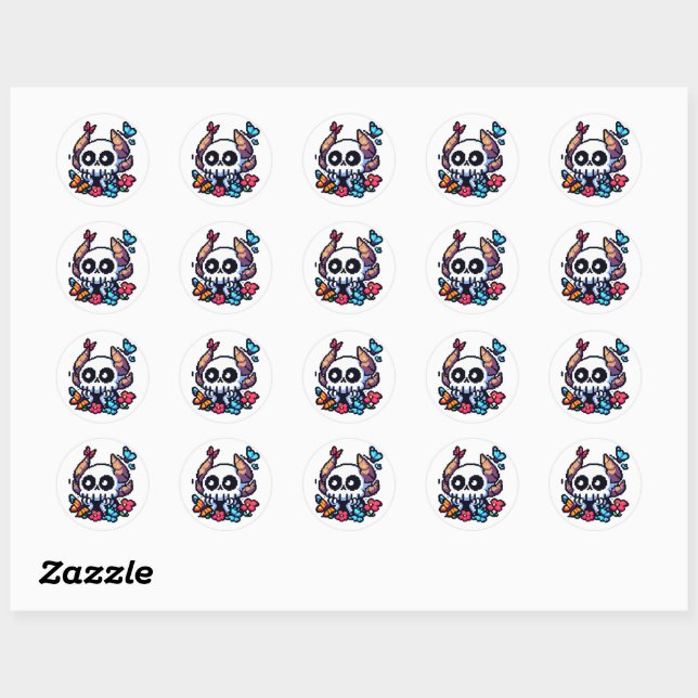 Pixel Art, Cute Horned Skull Enjoy The Butterflies Classic Round Sticker (Sheet)